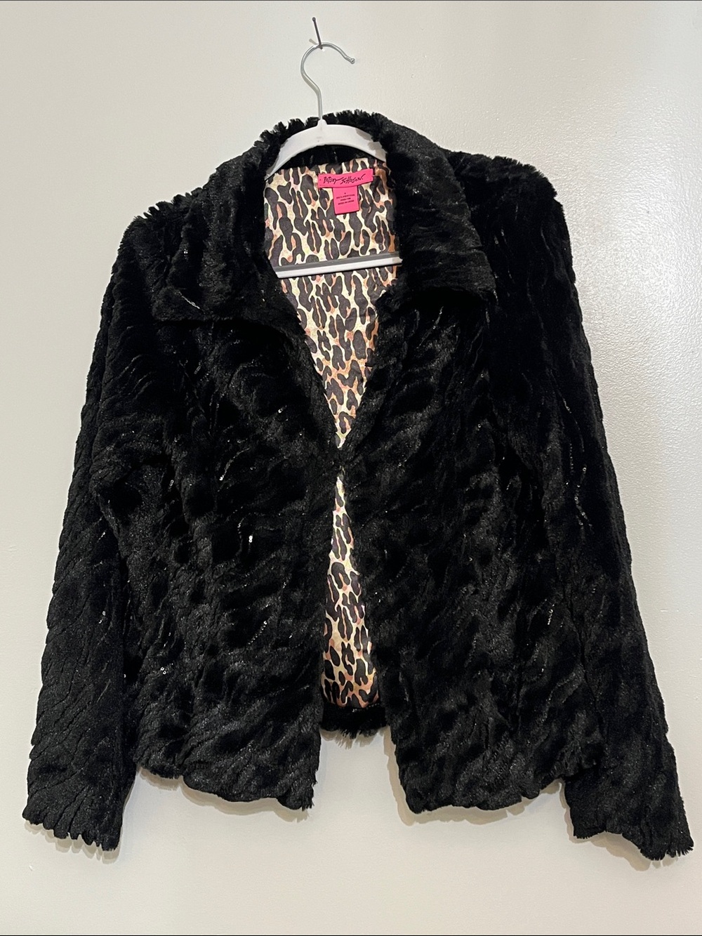 Betsey Johnson Black Faux Fur & Sequin Jacket with Leopard Lining